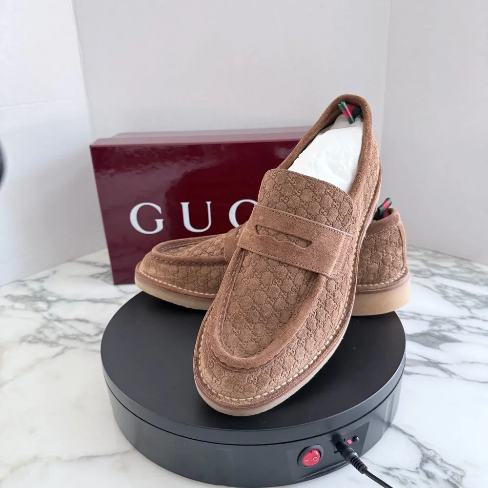 GUCCI  GG Moreau Moccasin Brown Suede Loafer Shoe Penny Strap, G 8+